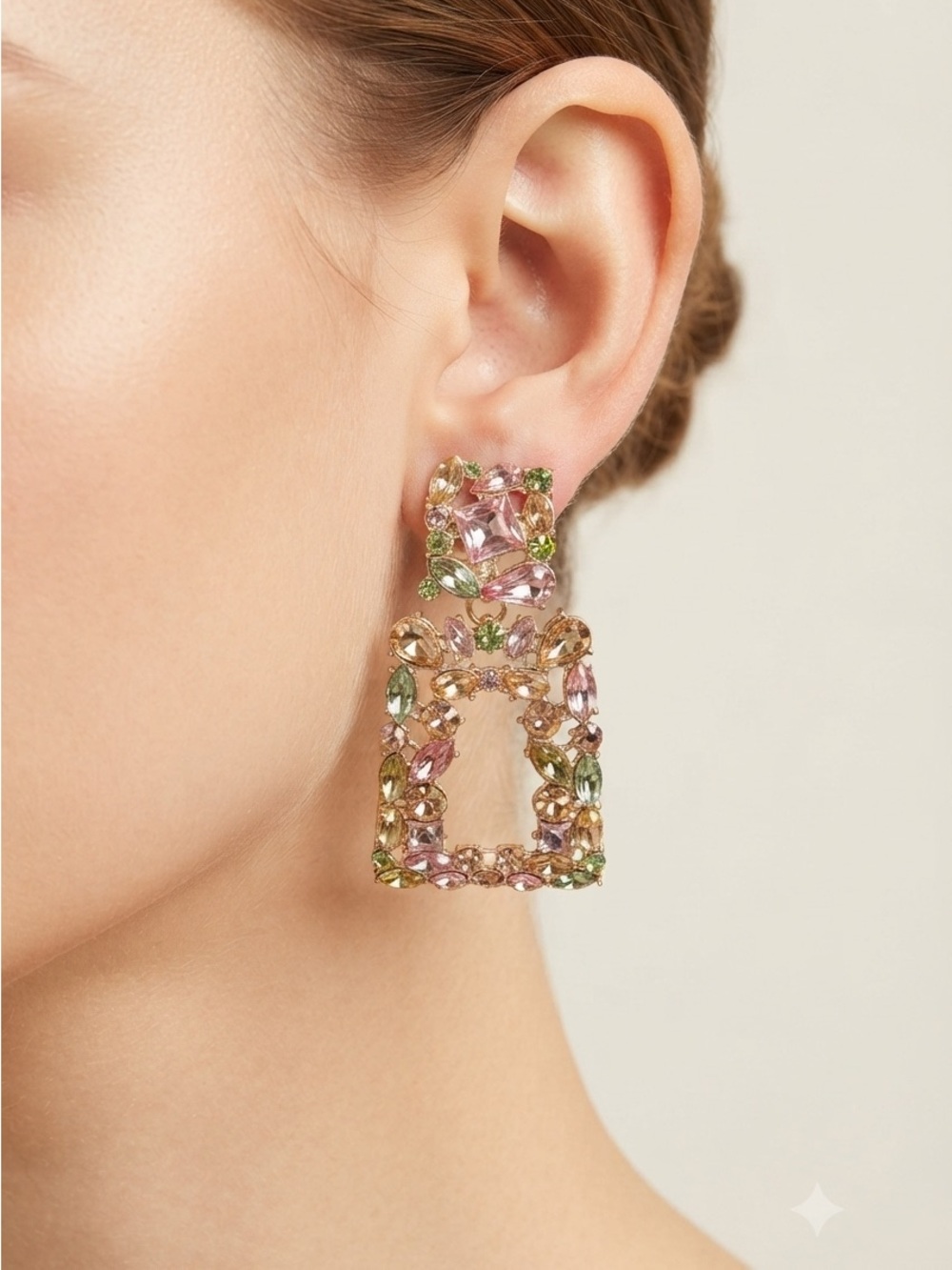 Geometric Rhinestone Door Knocker Earrings | Gold Tone Pastel Statement Earrings